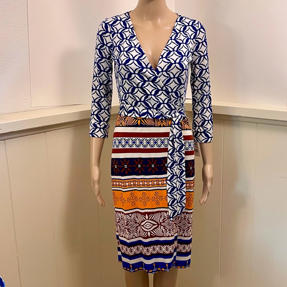 NWT DVF Silk Wrap Dress Blue, White and Multi-Colored Ikat Batik Pattern Size 2